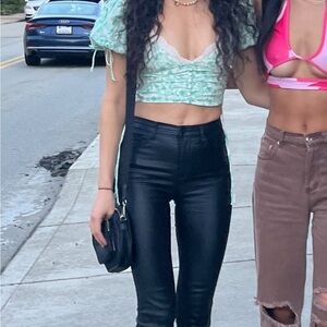 Mint Green Floral Lace Trim Crop Top